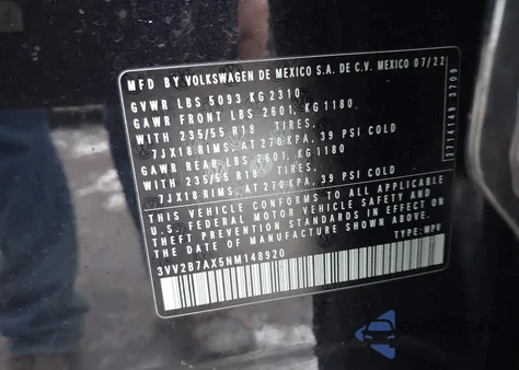 2022 Volkswagen Tiguan 2.0T Se from USA, damaged, VIN 3VV2B7AX5NM148920